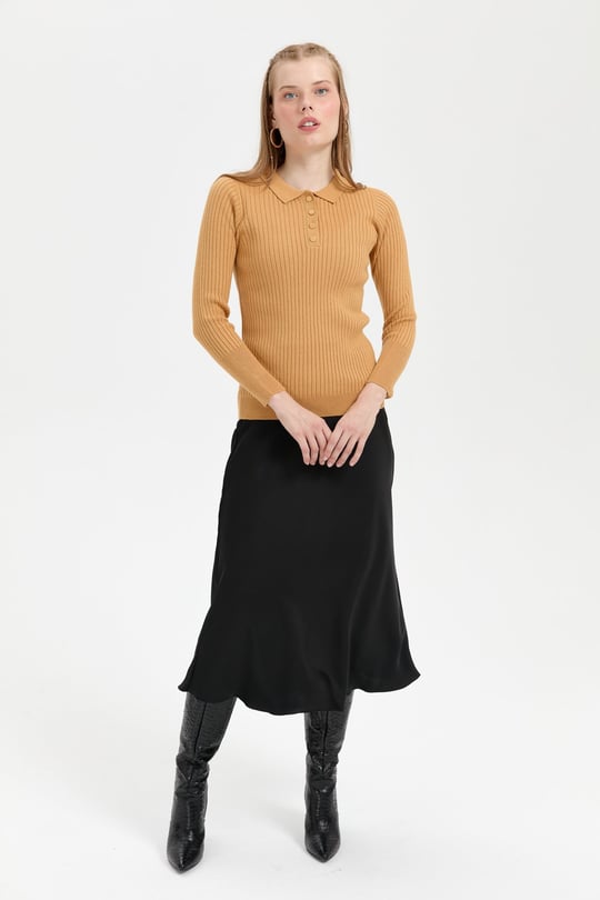 Kadın Polo Yaka Dikişsiz Kazak Camel