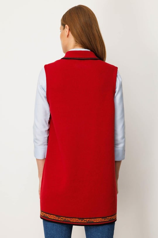 Kadın Polo Yaka Etek Ucu Kilim Desenli Uzun Yün Yelek K.Kırmızı