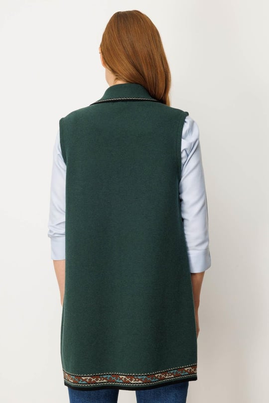 Kadın Polo Yaka Etek Ucu Kilim Desenli Uzun Yün Yelek Yeşil
