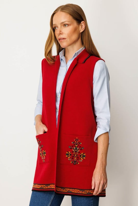 Kadın Polo Yaka Etek Ucu Kilim Desenli Uzun Yün Yelek K.Kırmızı