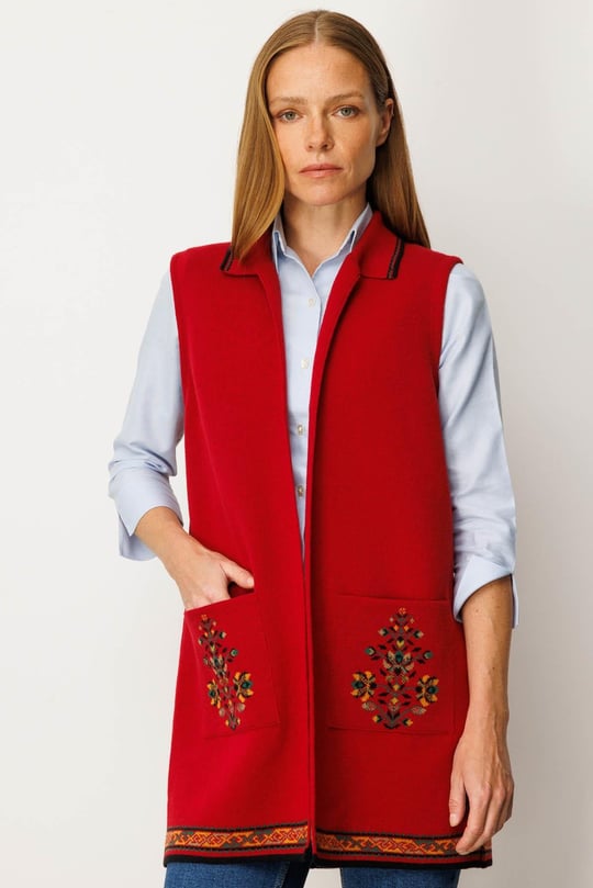 Kadın Polo Yaka Etek Ucu Kilim Desenli Uzun Yün Yelek K.Kırmızı