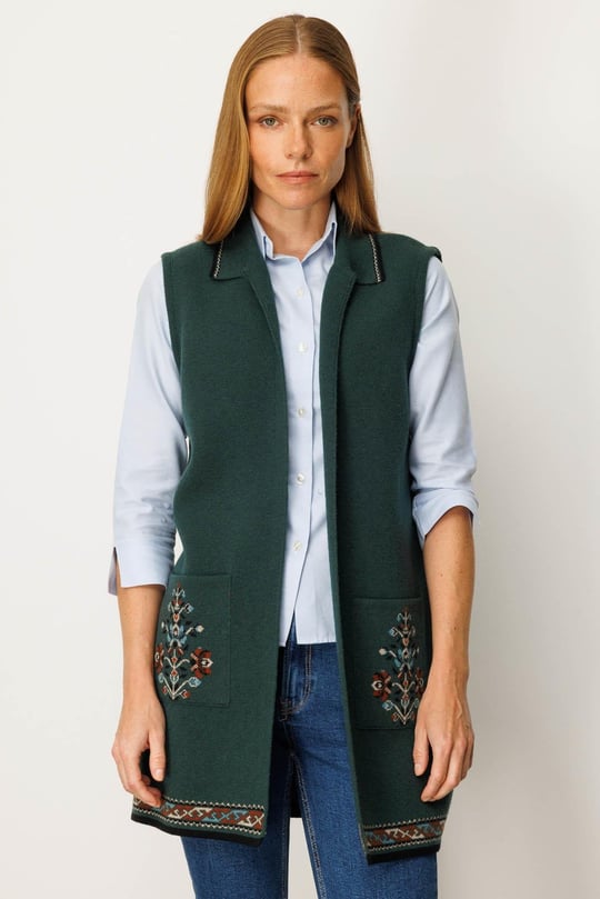 Kadın Polo Yaka Etek Ucu Kilim Desenli Uzun Yün Yelek Yeşil