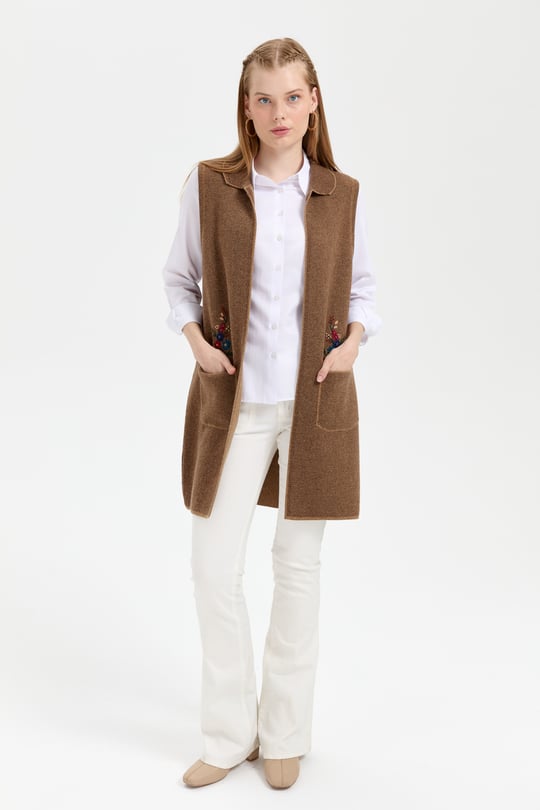 Womens Polo Collar Open Front Long Wool Vest