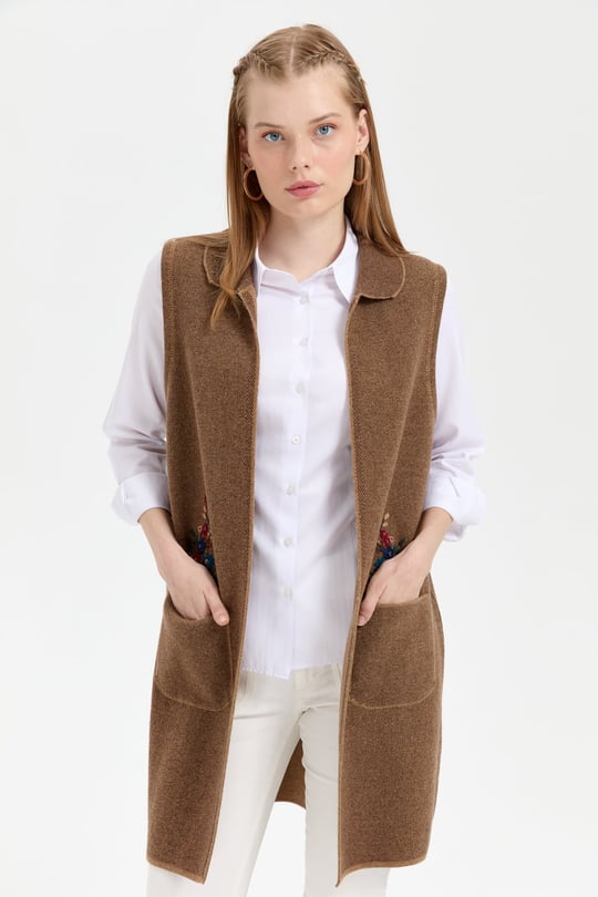 Womens Polo Collar Open Front Long Wool Vest