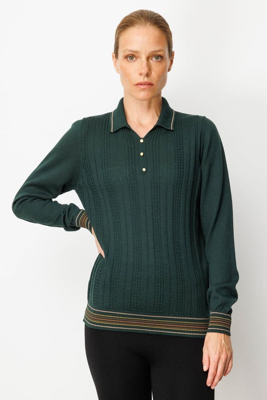 Kadın Polo Yaka Simli Çizgili Yün Bluz Yeşil