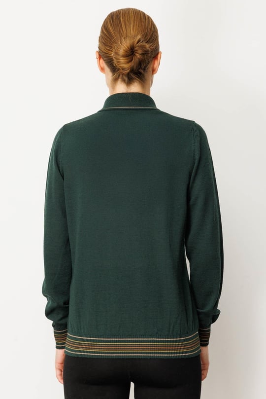 Kadın Polo Yaka Simli Çizgili Yün Bluz Yeşil