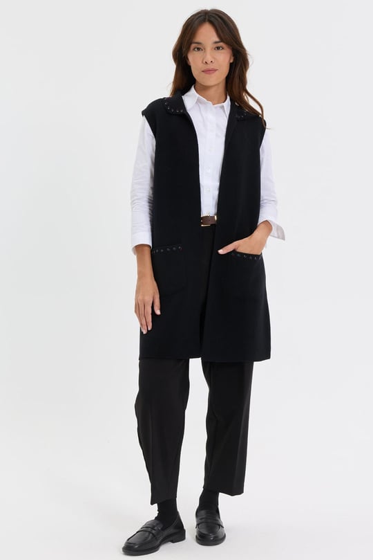 Womens Polo Neck Knitwear Colored Embroidered Long Wool Vest Black