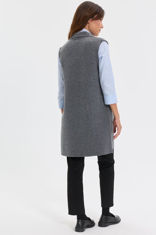 Womens Polo Neck Knitwear Colored Embroidered Long Wool Vest Gray