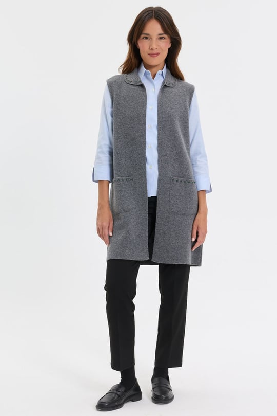 Womens Polo Neck Knitwear Colored Embroidered Long Wool Vest Gray