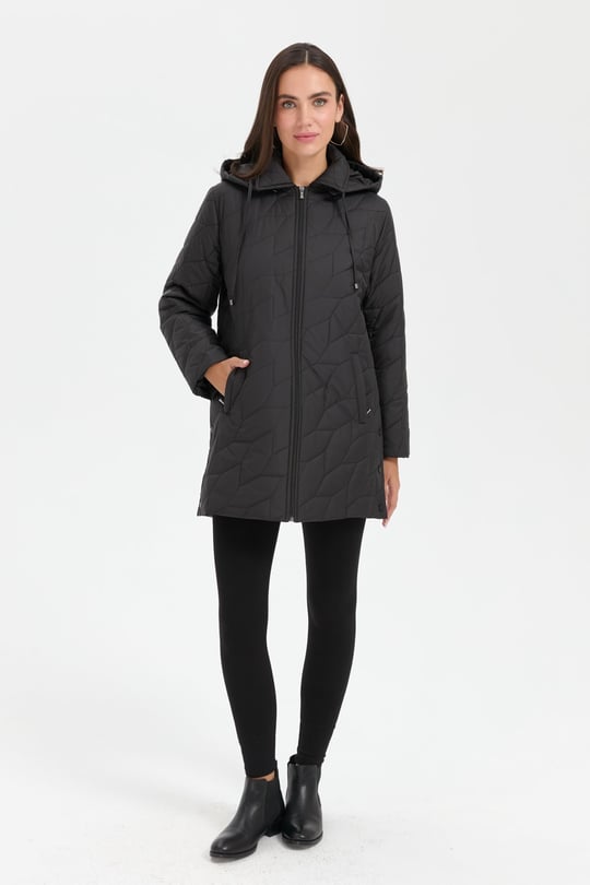 Kadın Polo Yaka Yanları Çıtçıtlı Yaprak Desenli Araboy Kapitone Kaban Siyah