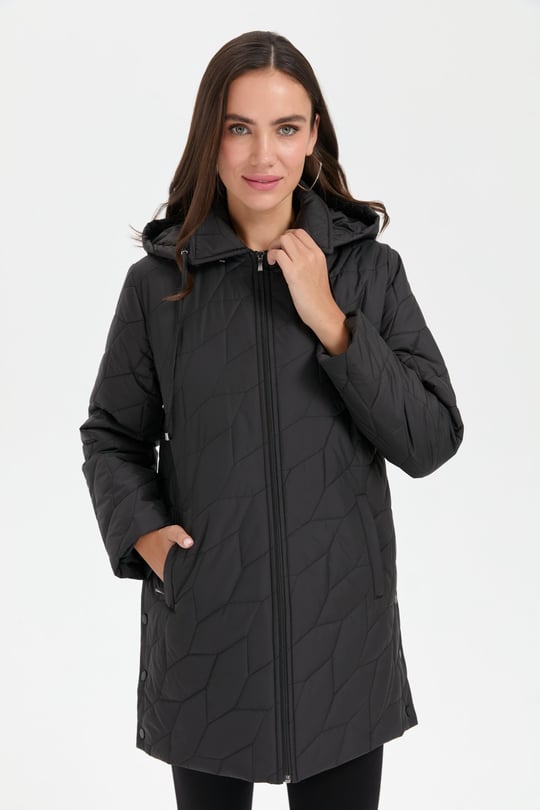 Kadın Polo Yaka Yanları Çıtçıtlı Yaprak Desenli Araboy Kapitone Kaban Siyah