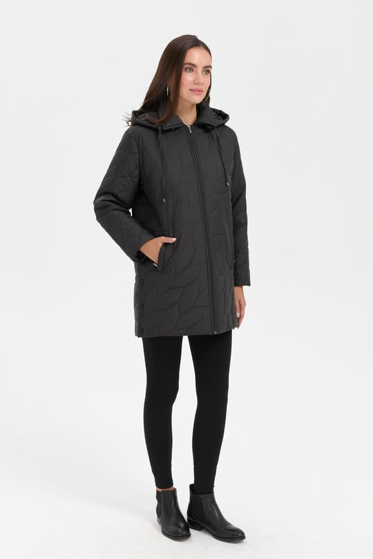 Kadın Polo Yaka Yanları Çıtçıtlı Yaprak Desenli Araboy Kapitone Kaban Siyah