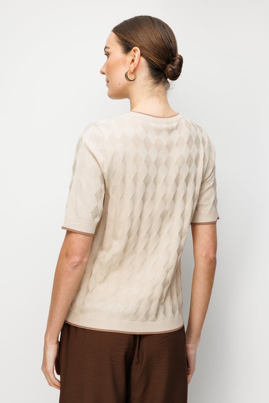 Womens Crew Neck Argyle Lightweight Knit Blouse Beige