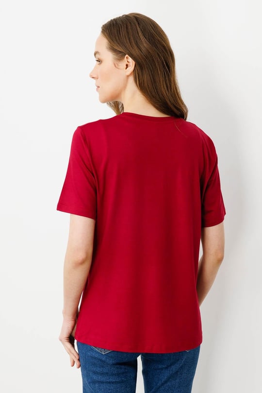 Kadın Sıfır Yaka Basic Penye T-shirt Vişne