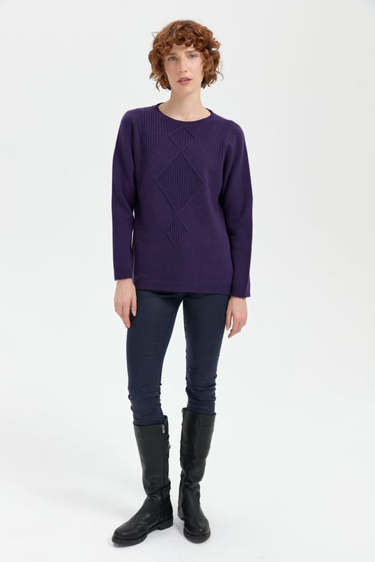 Kadın Sıfır Yaka Dikişsiz Önü Selanik Baklava Örgü Yün Kazak K.Mor