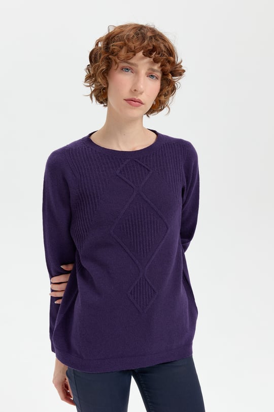 Kadın Sıfır Yaka Dikişsiz Önü Selanik Baklava Örgü Yün Kazak K.Mor