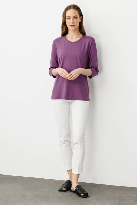 Kadın Sıfır Yaka Düz Penye Bluz Lila