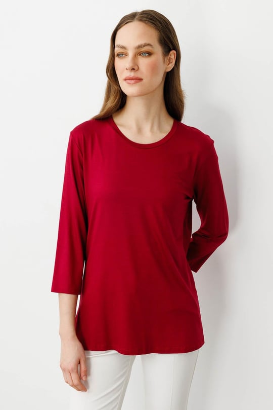 Kadın Sıfır Yaka Düz Penye Bluz Vişne