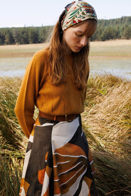 Kadın Sıfır Yaka Kalın Yürütmeli Yün Kazak Hardal