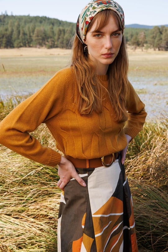 Kadın Sıfır Yaka Kalın Yürütmeli Yün Kazak Hardal