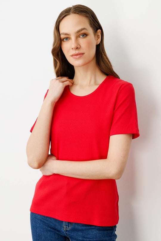 Kadın Sıfır Yaka Kısa Kol Pamuk Kaşkorse T-shirt Kırmızı