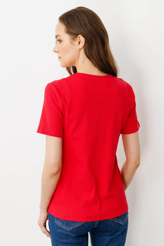 Kadın Sıfır Yaka Kısa Kol Pamuk Kaşkorse T-shirt Kırmızı