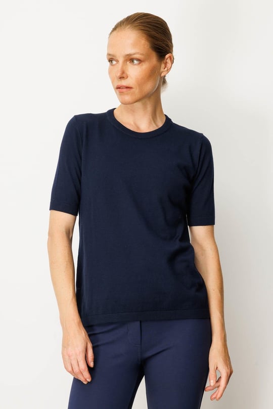 Kadın Sıfır Yaka Kısa Kollu Düz Bluz Lacivert