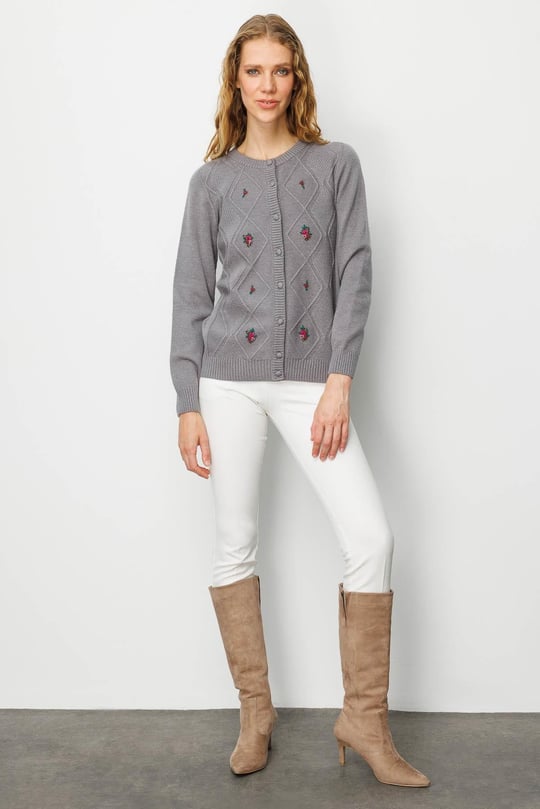 Kadın Sıfır Yaka Önü Baklavalı Nakış İşlemeli Hırka Füme