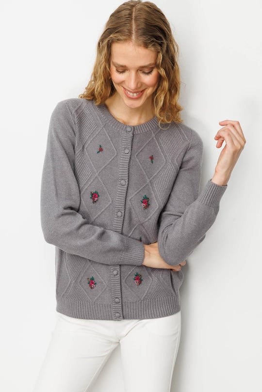 Kadın Sıfır Yaka Önü Baklavalı Nakış İşlemeli Hırka Füme