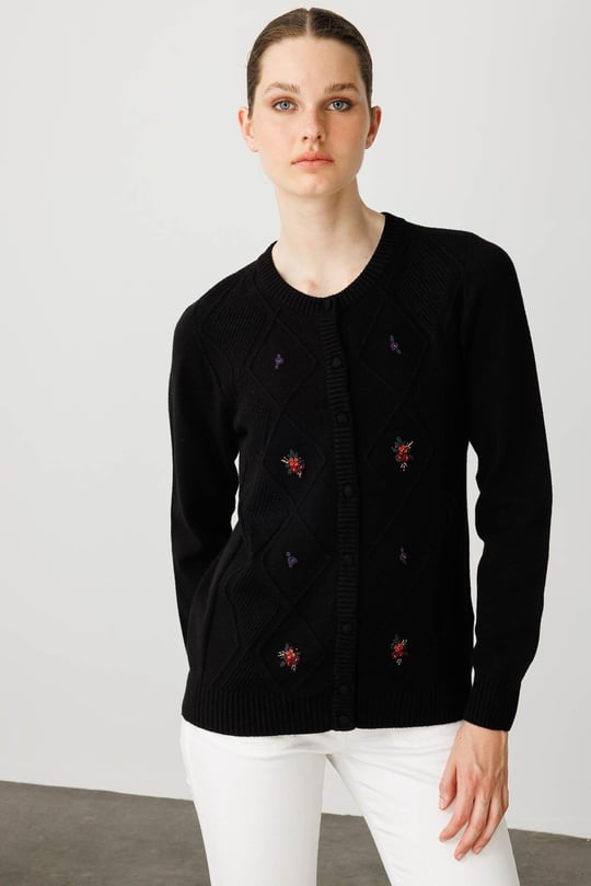 Kadın Sıfır Yaka Önü Baklavalı Nakış İşlemeli Hırka Siyah