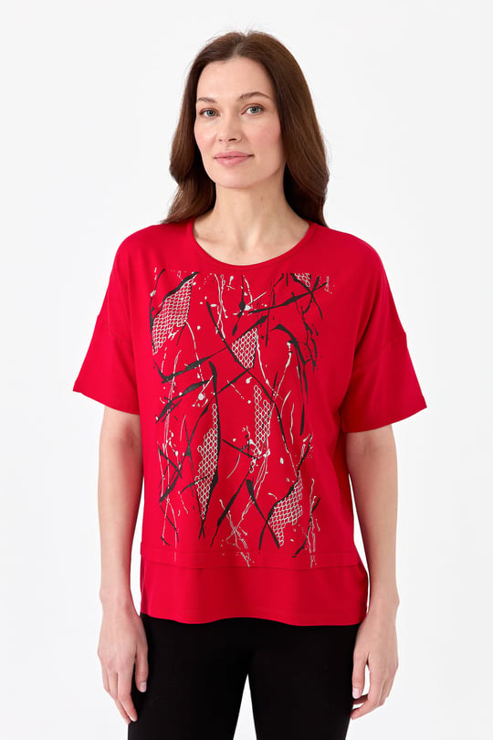 Kadın Sıfır Yaka Önü File Baskılı Penye T-shirt Kırmızı