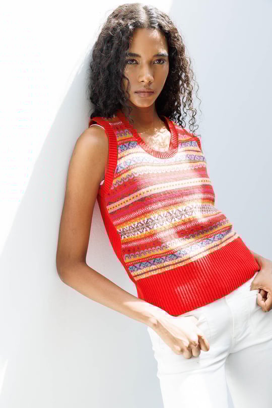 Kadın Sıfır Yaka Önü Jakarlı Yün Süveter Mercan