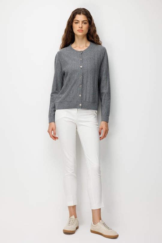 Kadın Sıfır Yaka Simli Boyuna Çizgili Triko Ceket Gri
