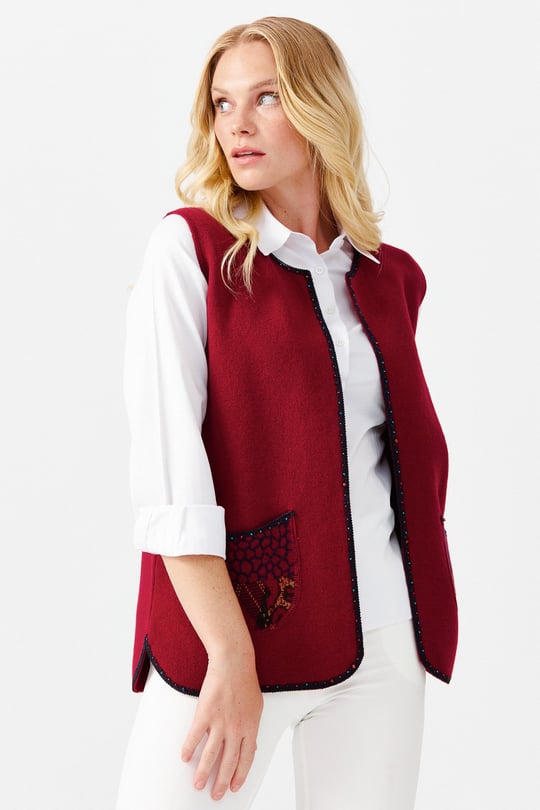 Kadın Sıfır Yaka Su Taşı Boncuk İşlemeli Kısa Yelek V.Çürüğü