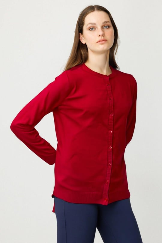 21031Kadın Sıfır Yaka Triko Yün Hırka K.Kırmızı