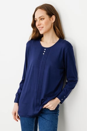 Womens Crew Neck Long Sleeve Jersey Blouse Navy Blue
