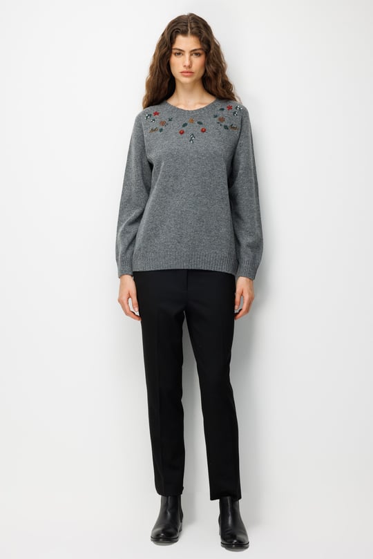 Kadın Sıfır Yaka Yanı Pirinç Örgü Yün Kazak Füme