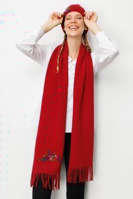 Kadın Tek Yanı Rokoko Nakış İşlemeli Yün Kaşkol K.Kırmızı