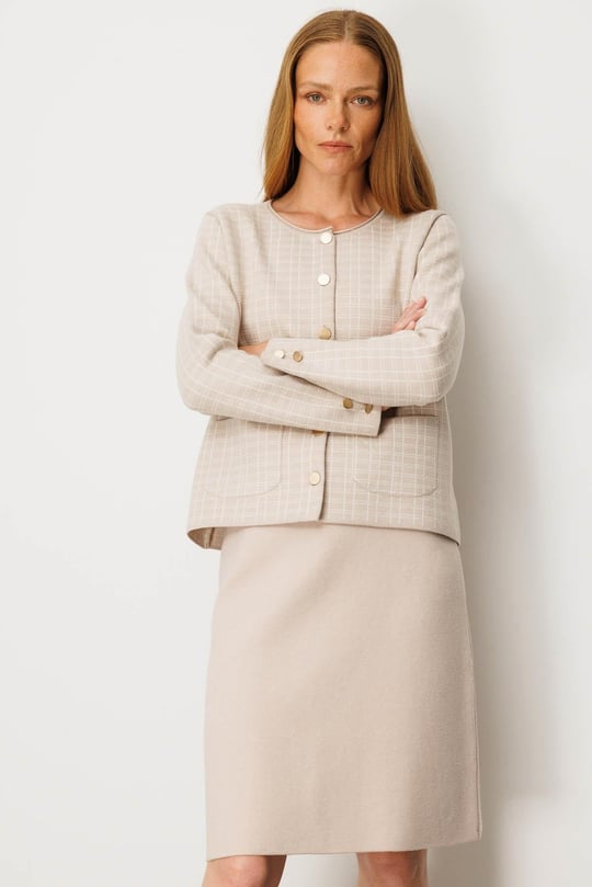 Kadın Triko Kareli Simli Ceket Bej