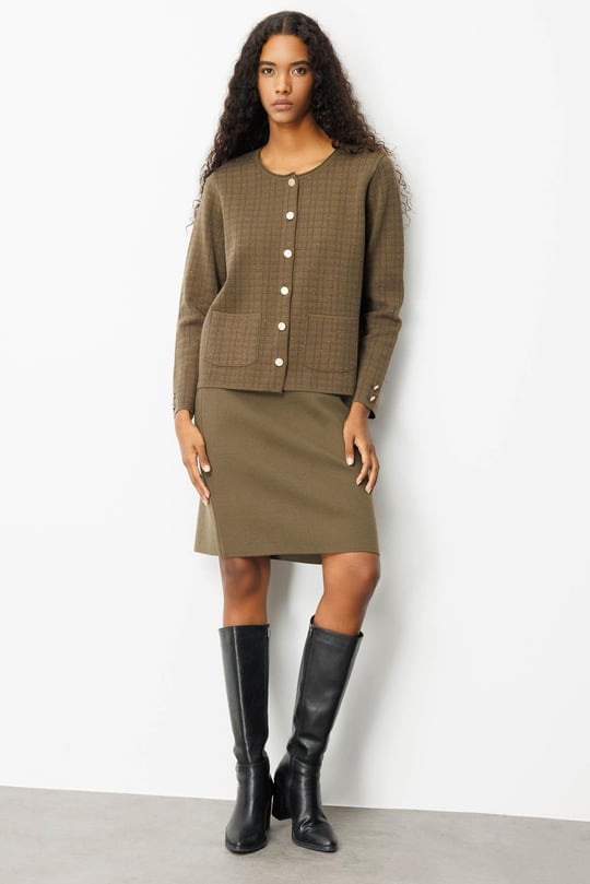 Kadın Triko Kareli Simli Ceket Haki