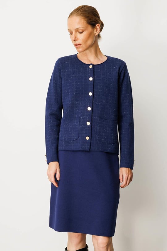 Kadın Triko Kareli Simli Ceket Lacivert