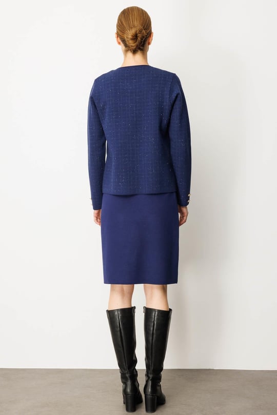 Kadın Triko Kareli Simli Ceket Lacivert