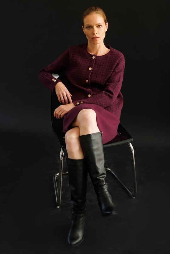 Kadın Triko Kareli Simli Ceket Mürdüm