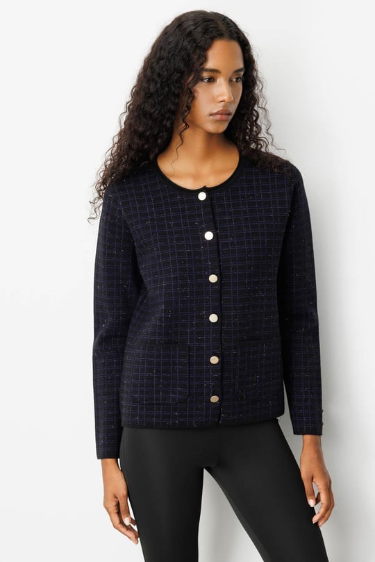 Kadın Triko Kareli Simli Ceket Siyah