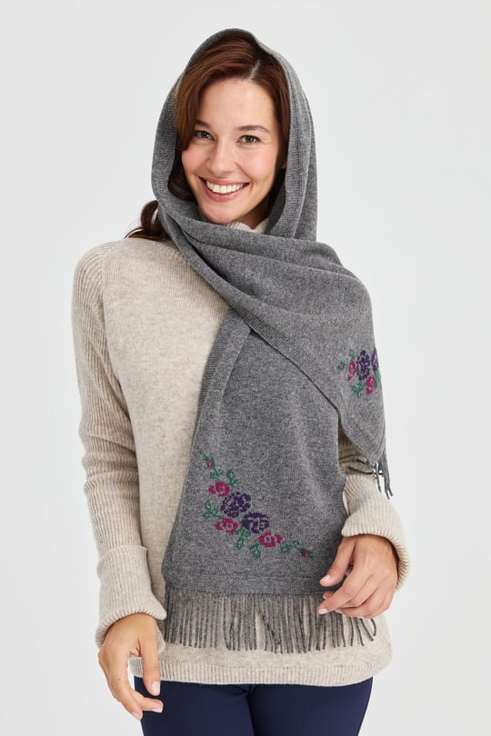 Womens Knitwear Floral Wool Scarf Gray