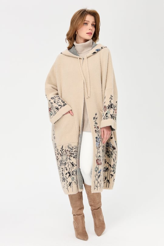 Kadın Triko Kırçiçeği Desenli Afrodit Panço Bej