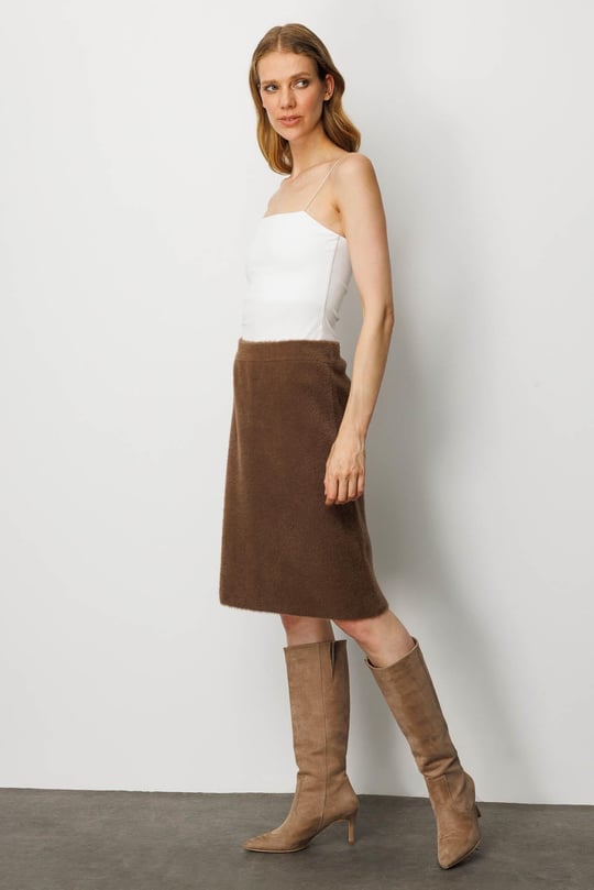 Kadın Triko Kısa Etek Kahve