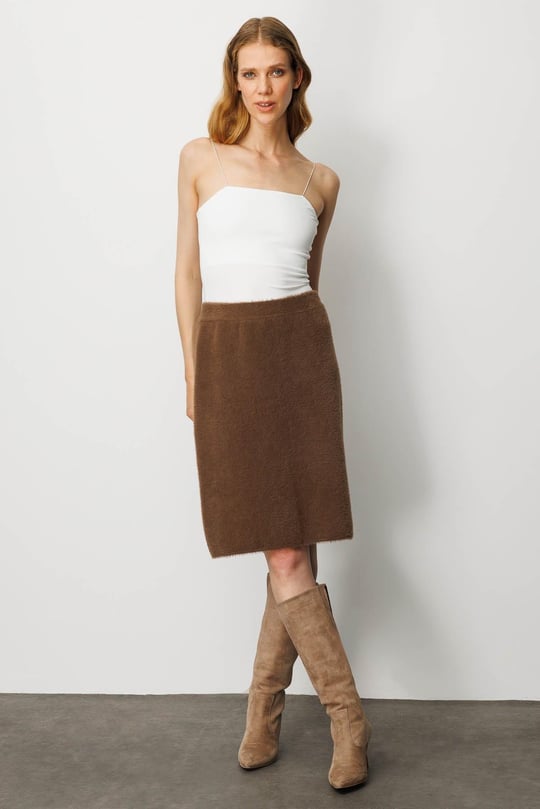 Kadın Triko Kısa Etek Kahve