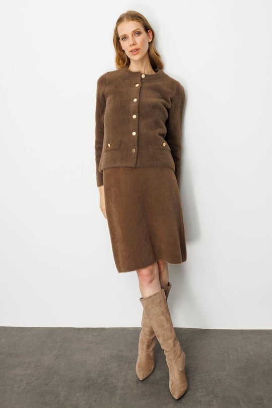 Kadın Triko Kısa Etek Kahve