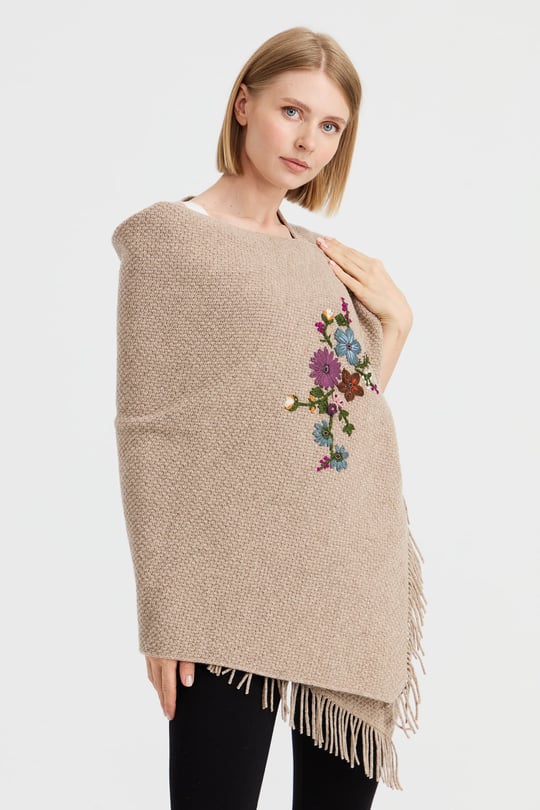 Womens Knitwear Brass Mesh Embroidered Wool Shawl K.Beige